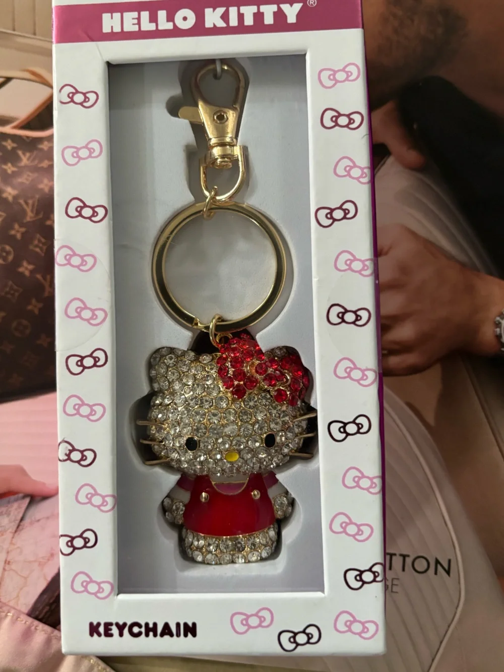 Hello Kitty Gold Tone Crystal Keychain with Red Accents